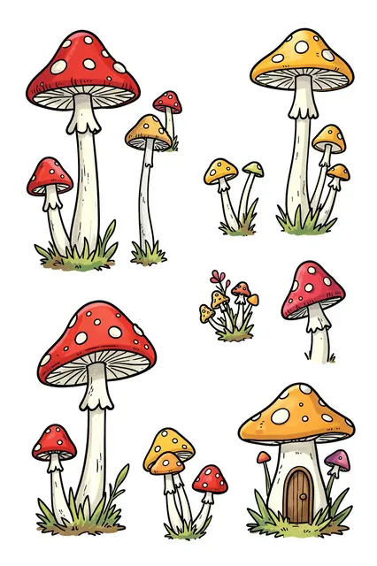 A collection of hand-drawn style spotted mushroom doodles including one mushroom with a tiny wooden door, arranged on a