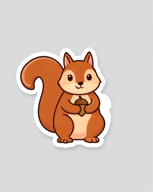 A die-cut sticker illustration of a cute squirrel holding an acorn against a light gray background