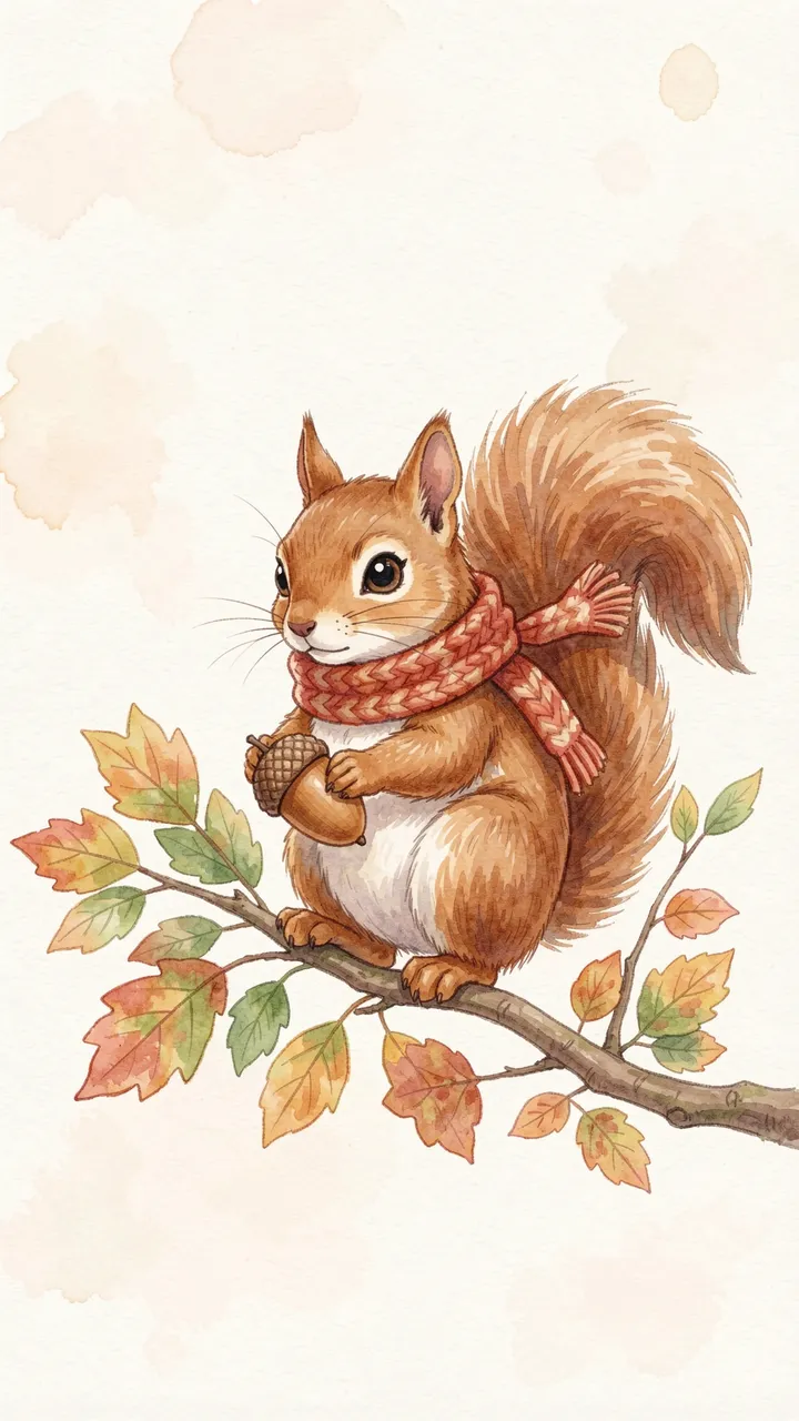 A cartoon squirrel wearing a knit scarf holds an acorn while sitting on a fall leafy branch in soft watercolor style