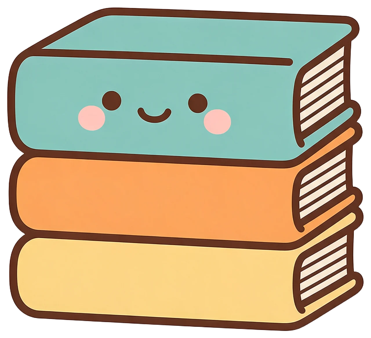 A kawaii sticker illustration of a stack of three books with a smiling face on the top teal book