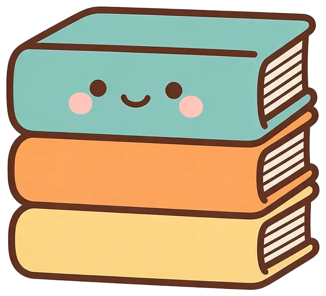A kawaii sticker illustration of a stack of three books with a smiling face on the top teal book