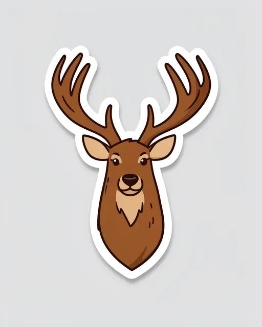 Die-cut sticker of a cute illustrated stag head with antlers on a plain light gray background