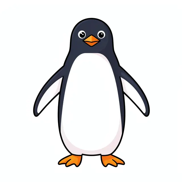 A flat cartoon illustration of a standing penguin with an orange beak on a plain white background