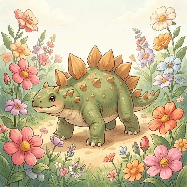 Charming illustrated baby stegosaurus stands on a dirt path surrounded by colorful blooming flowers under a soft cloudy sky