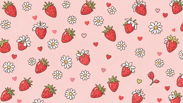 Kawaii hand-drawn pattern of strawberries, daisies and hearts scattered over a soft pink background