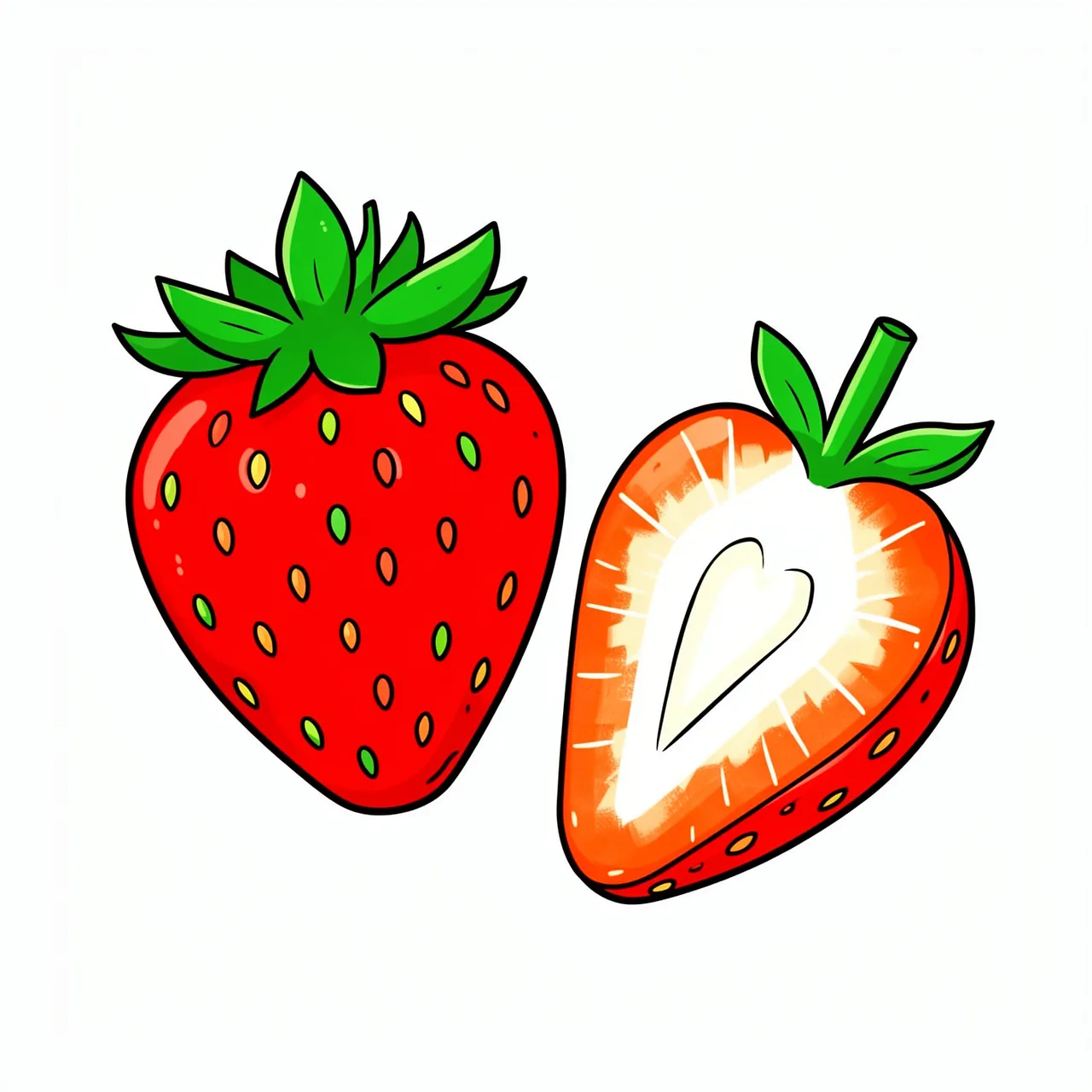 Whole and halved cartoon-style strawberry with a pale heart-shaped core on a plain white background