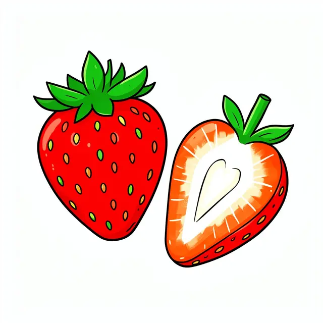 Whole and halved cartoon-style strawberry with a pale heart-shaped core on a plain white background