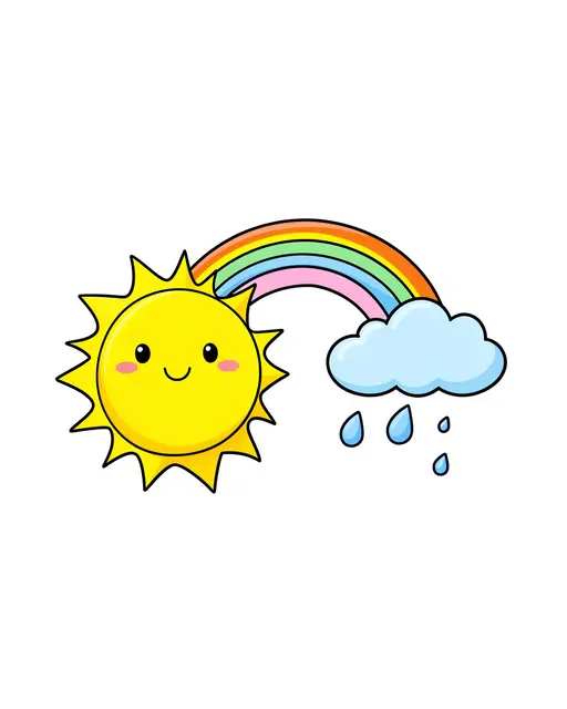 Cheerful cartoon smiling yellow sun and light blue rain cloud connected by a small rainbow on a plain white background