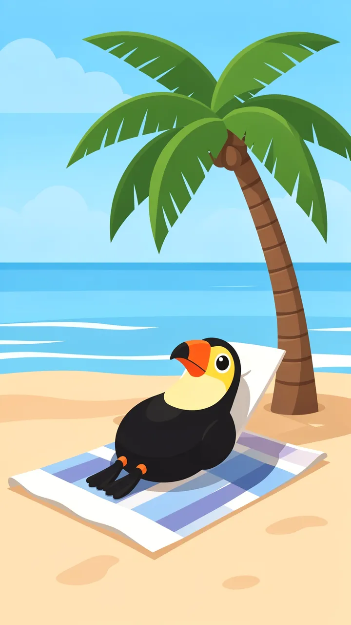 Cartoon toucan relaxing on a beach towel under a palm tree on a sunny tropical shore