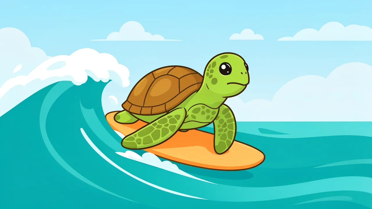 A cartoon sea turtle balances on an orange surfboard riding a turquoise ocean wave under a bright blue sky.