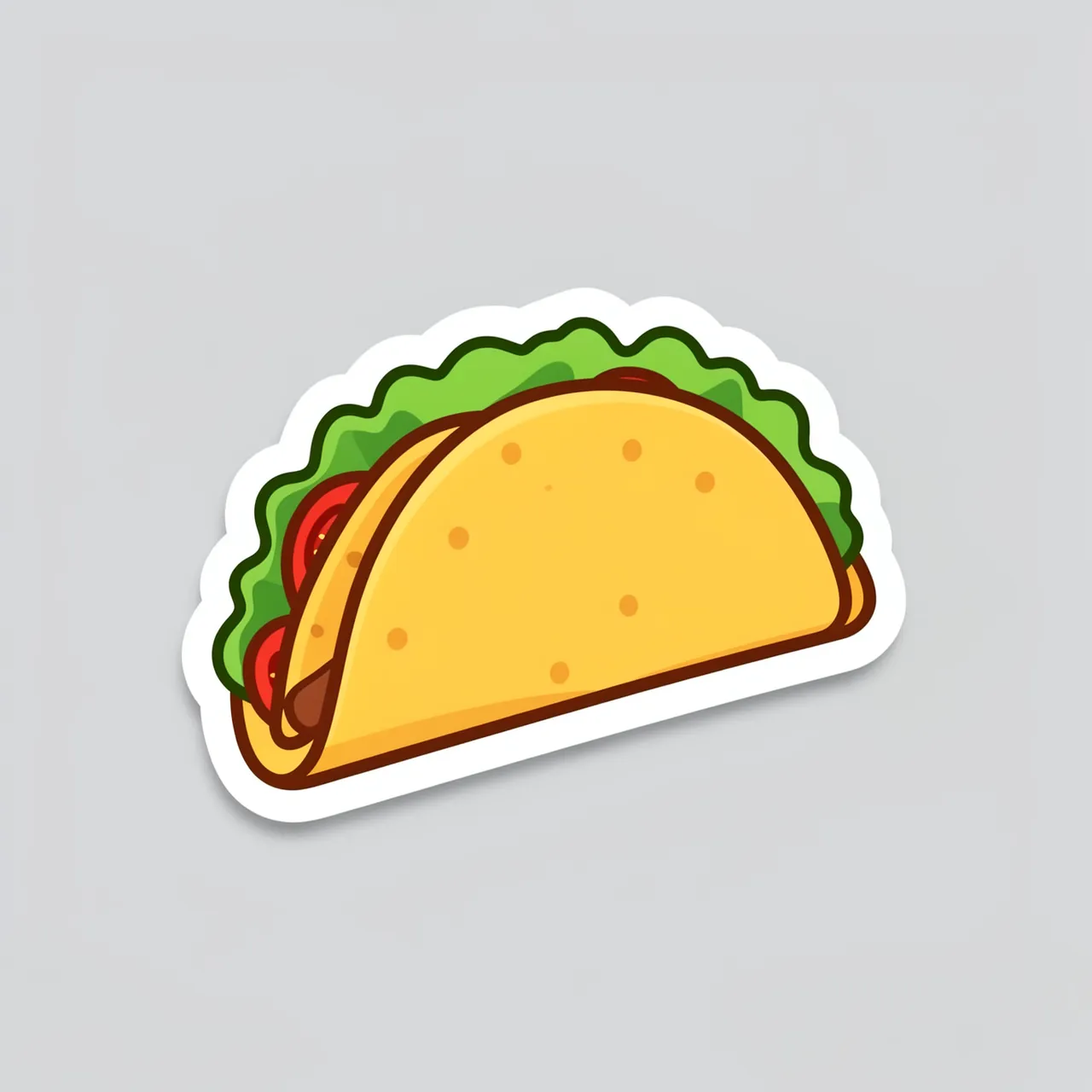 Flat cartoon taco sticker with a thick white border resting on a plain light gray background