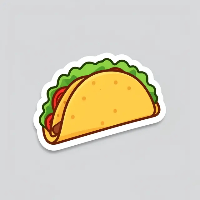 Flat cartoon taco sticker with a thick white border resting on a plain light gray background