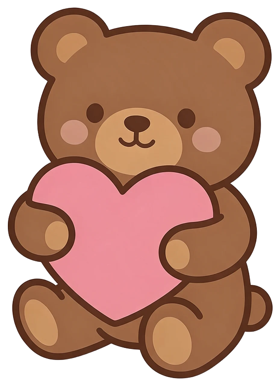 Cute kawaii brown teddy bear sitting and holding a large pink heart