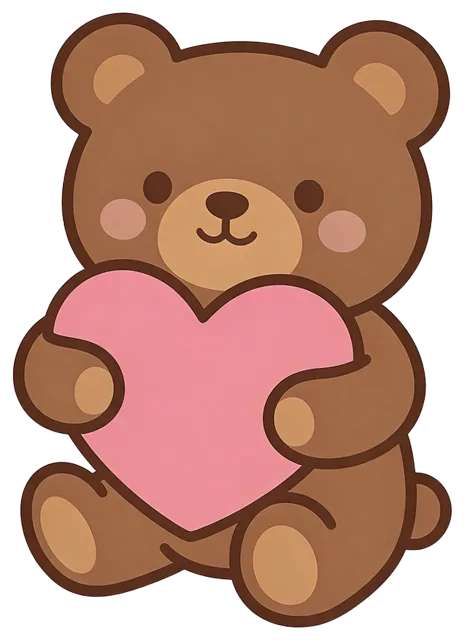 Cute kawaii brown teddy bear sitting and holding a large pink heart