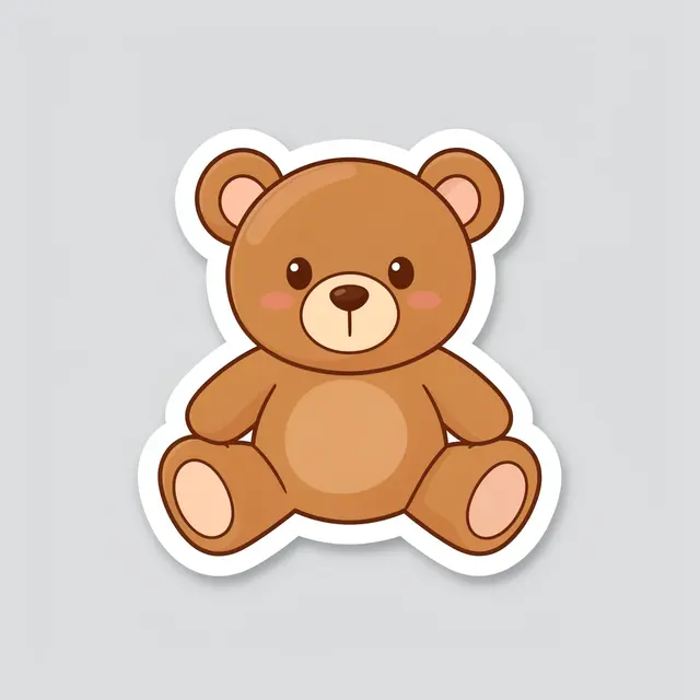 Die-cut sticker of a cartoon brown teddy bear with a white border on a light gray background