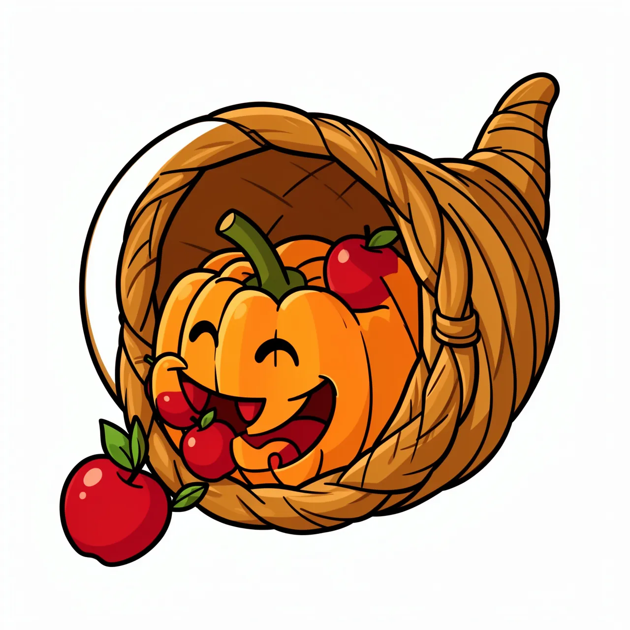 Cartoon cornucopia basket holding a smiling pumpkin and red apples against a plain white background