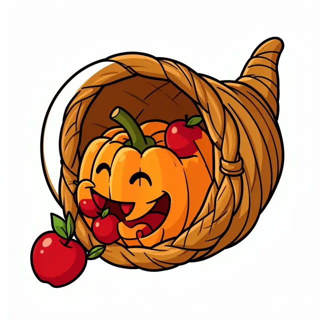 Cartoon cornucopia basket holding a smiling pumpkin and red apples against a plain white background
