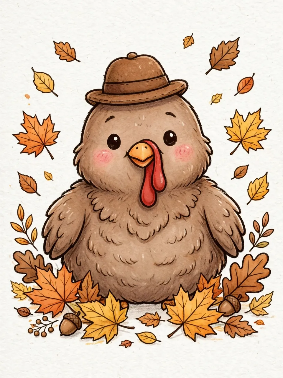 Chubby cartoon turkey wearing a small brown hat surrounded by autumn maple and oak leaves on textured off-white paper