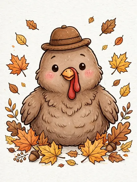 Chubby cartoon turkey wearing a small brown hat surrounded by autumn maple and oak leaves on textured off-white paper