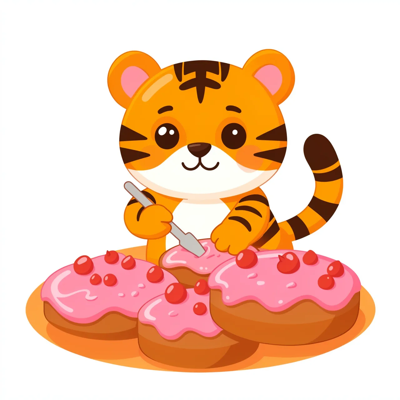 A cheerful cartoon tiger decorates iced cookies with pink frosting and red cherries.