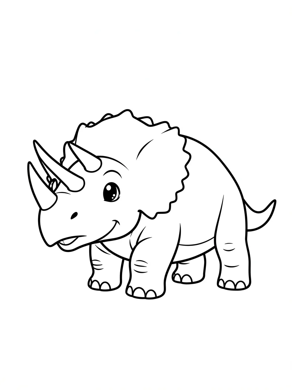 Black and white bold line art of a smiling baby triceratops on a plain white background
