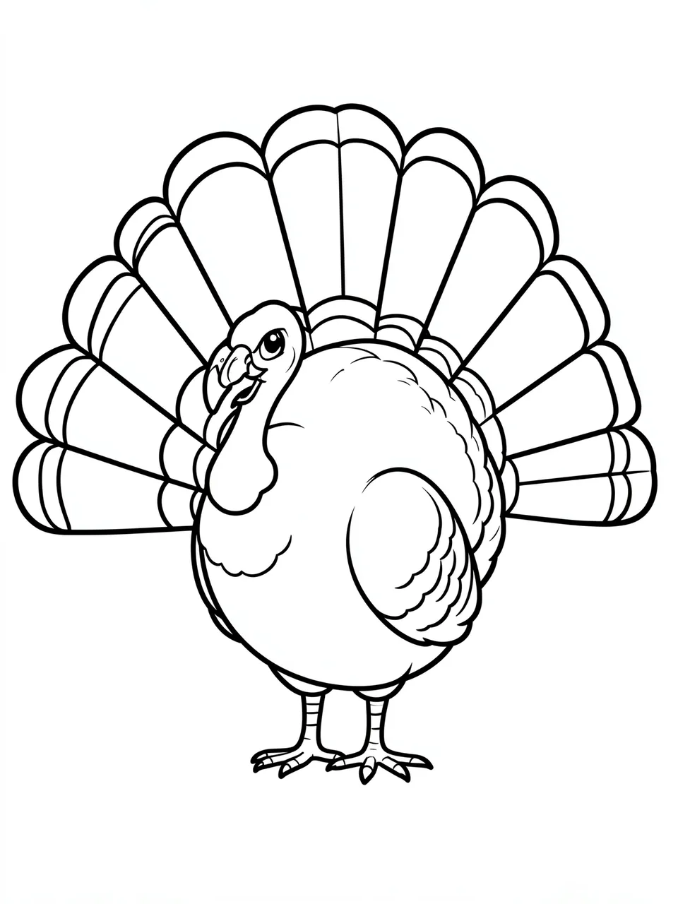 Black and white bold line art of a cartoon turkey with a fanned tail on a plain white background