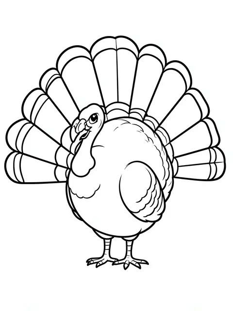 Black and white bold line art of a cartoon turkey with a fanned tail on a plain white background