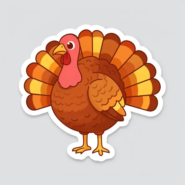 Flat illustration die cut sticker of a plump autumn turkey with a white border on a light gray background