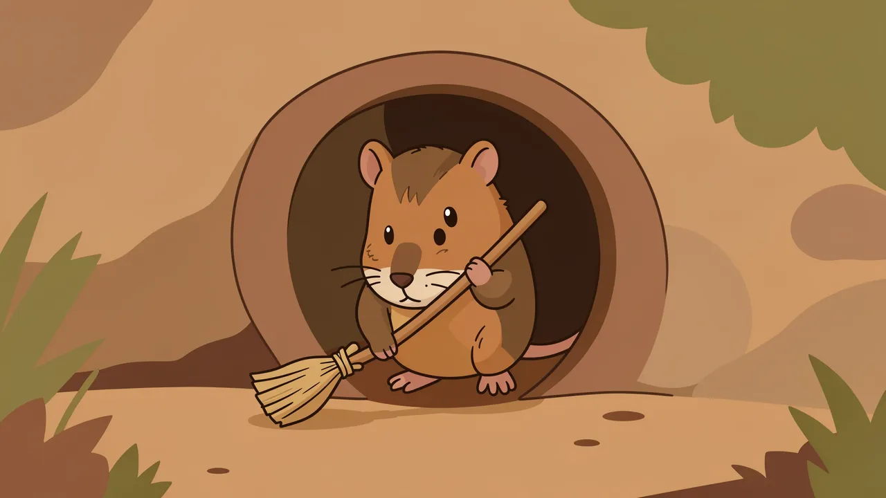 A cartoon field vole holds a tiny broom while sweeping the round doorway of its underground burrow