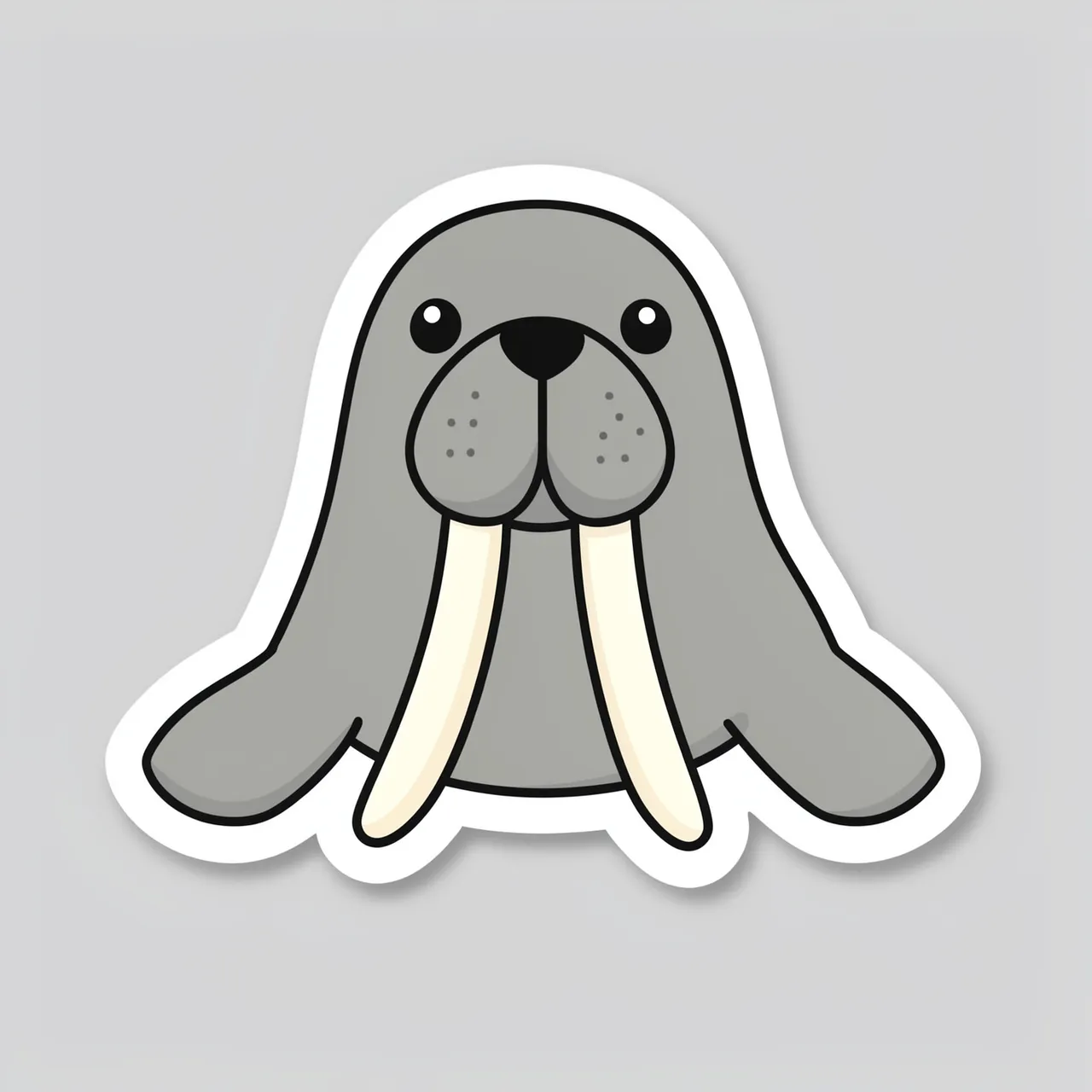 Flat cute illustrated walrus sticker with a thick white border on a plain light gray background