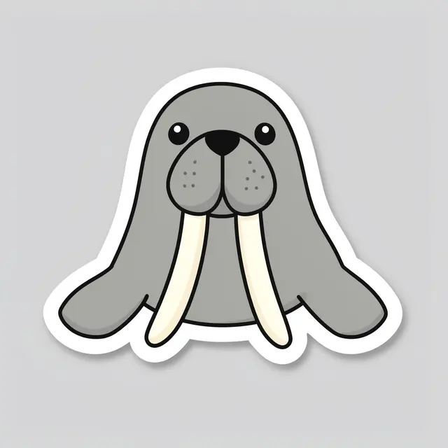 Flat cute illustrated walrus sticker with a thick white border on a plain light gray background