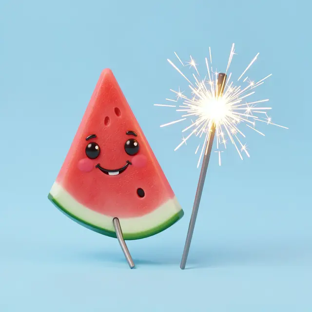 Smiling cartoon watermelon slice stands next to a lit sparkler on a solid pastel blue background