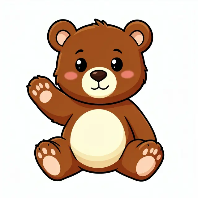 Cartoon brown bear cub sits waving with a cream belly against a plain white background