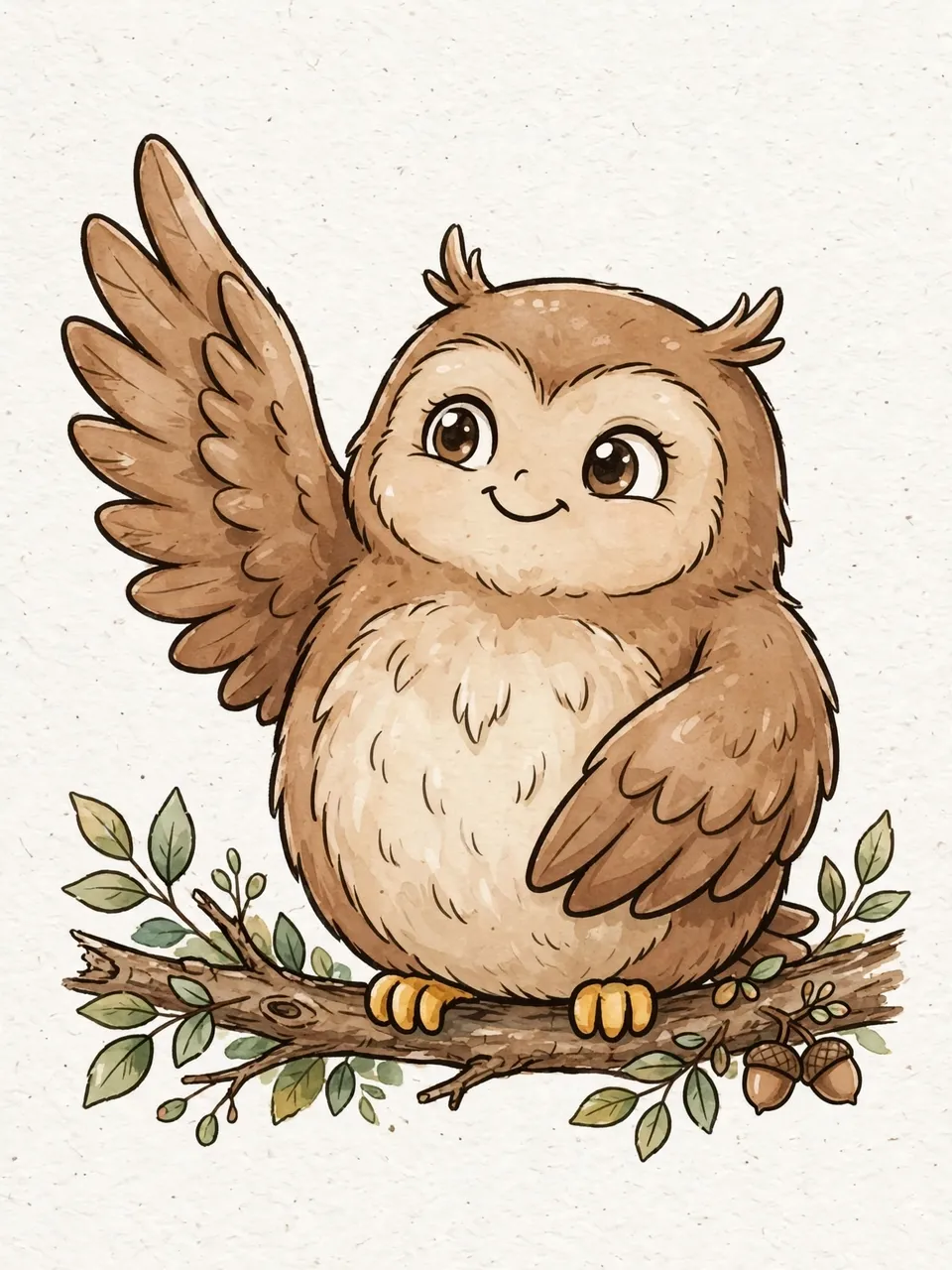 Chubby brown cartoon owl sits on a leafy branch with one wing raised in a friendly wave