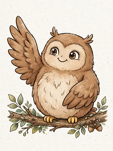 Chubby brown cartoon owl sits on a leafy branch with one wing raised in a friendly wave