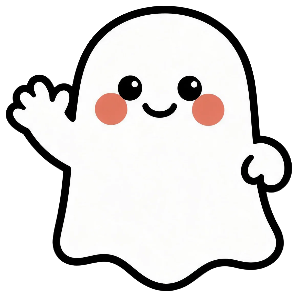 Friendly cartoon white ghost with rosy cheeks waves one hand