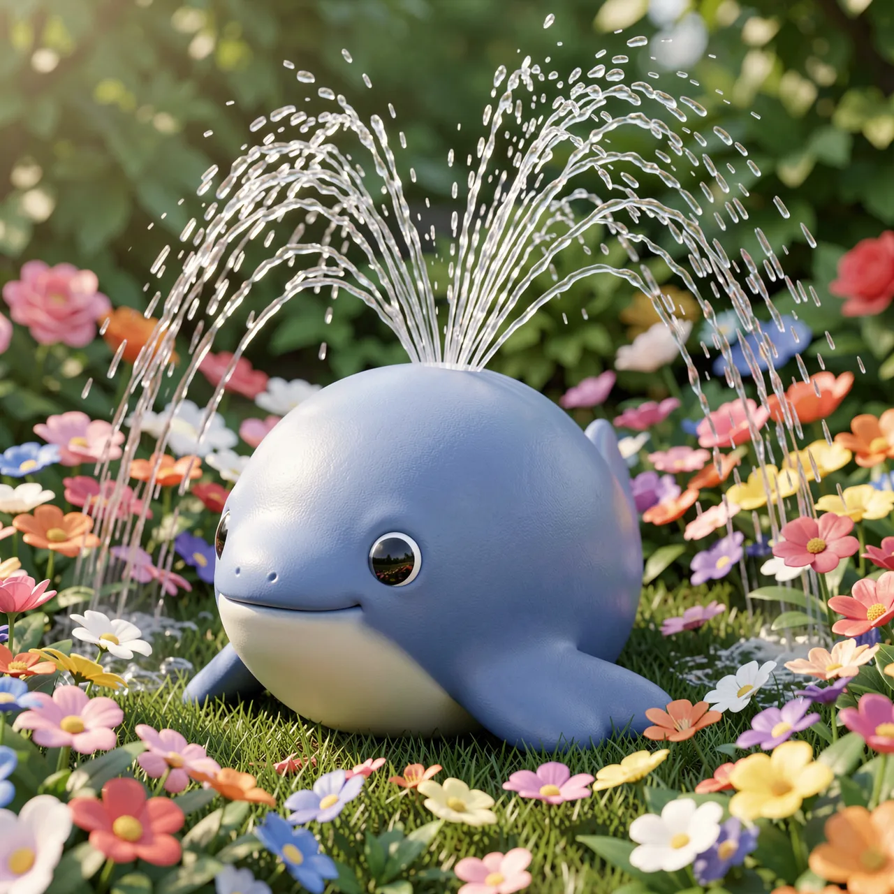 A round cute 3D blue whale spouts arcs of water over a vibrant colorful flowerbed on grass.