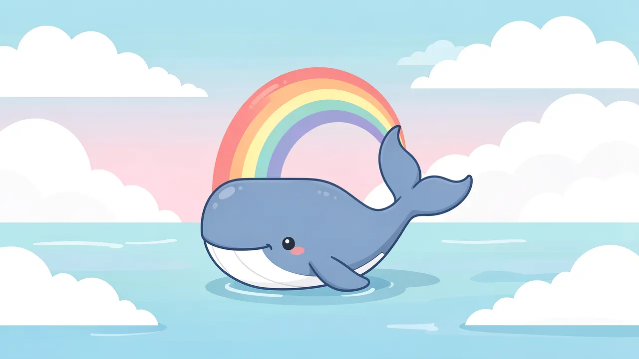 A cartoon blue whale floats in a calm pastel sea, with a rainbow arcing behind it and puffy clouds in the sky.