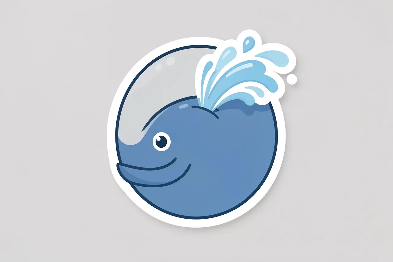 Die-cut sticker of a round smiling blue whale spouting water on a plain light gray background