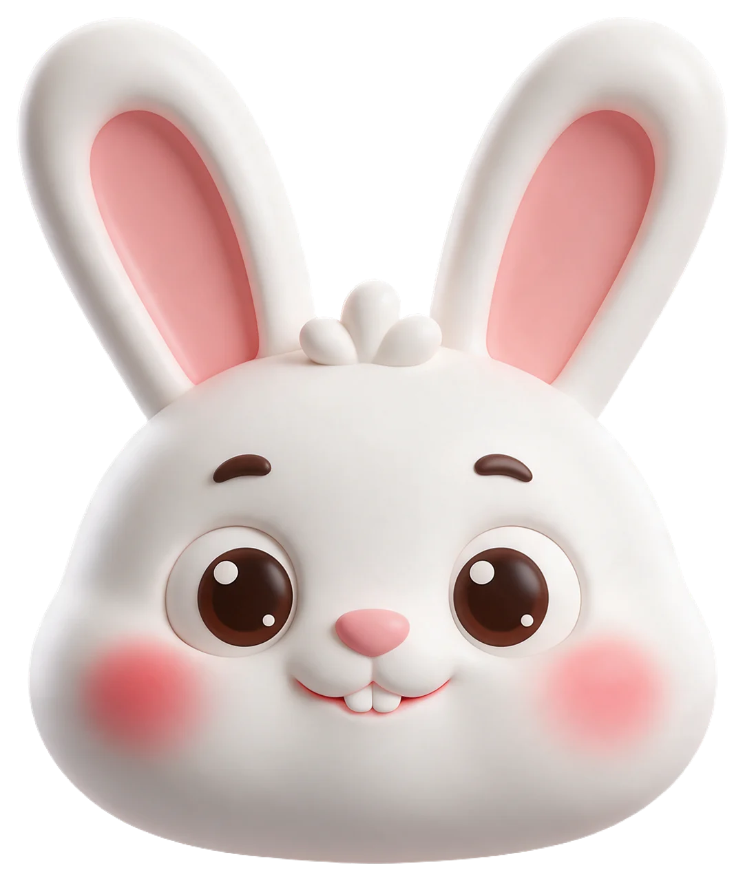 3D clay-style illustration of a friendly white bunny head with pink inner ears and rosy cheeks