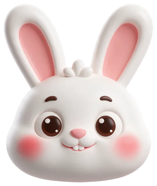 3D clay-style illustration of a friendly white bunny head with pink inner ears and rosy cheeks
