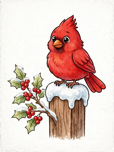 A plump cartoon red cardinal perches on a snow-capped fence post next to frosted holly berries.