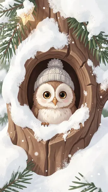 A fluffy owlet in a knitted pom-pom hat peeks from a snow-covered tree hollow