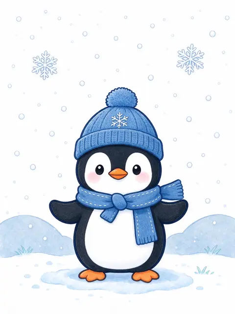 A cartoon penguin wearing a blue bobble hat and scarf stands under falling snow on a snowy surface