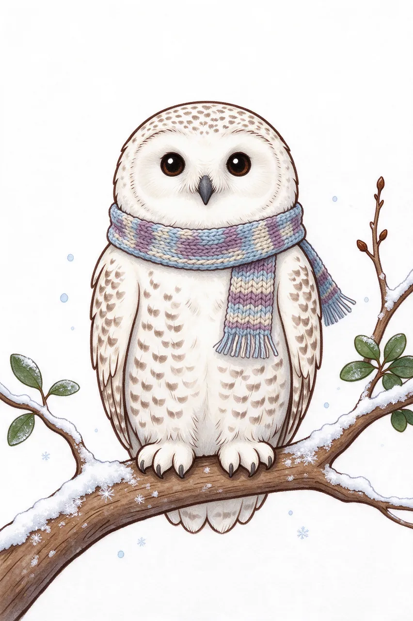 Cartoon snowy owl wearing a knitted scarf perched on a snow dusted frosty branch