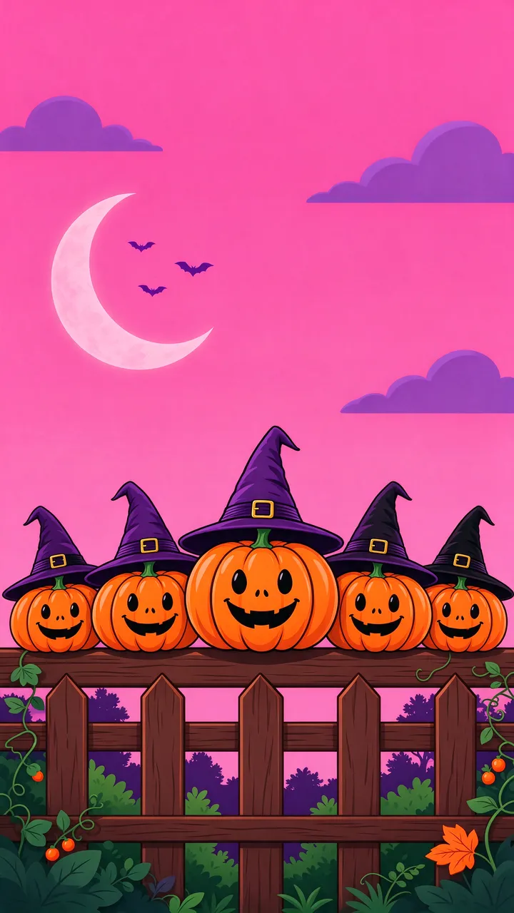 Five smiling pumpkin jack-o'-lanterns in witch hats line a wooden fence under a pink sky with a crescent moon and bats