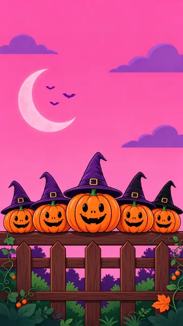 Five smiling pumpkin jack-o'-lanterns in witch hats line a wooden fence under a pink sky with a crescent moon and bats