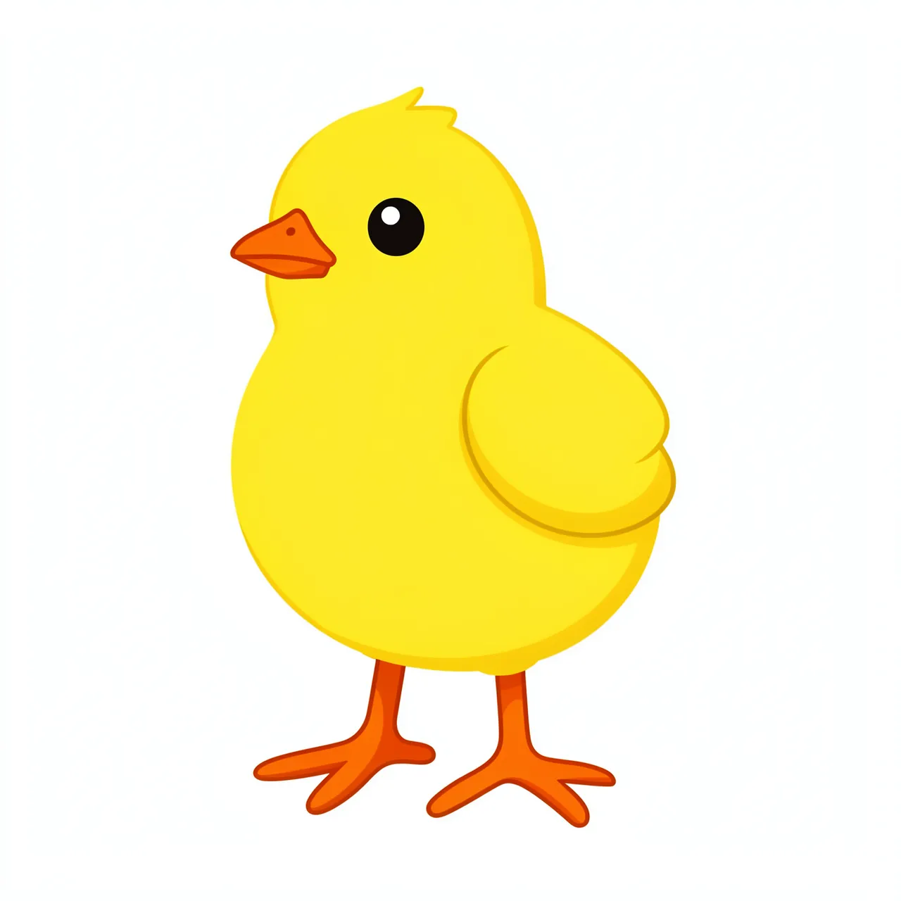 A flat illustrated yellow baby chick with orange beak and feet stands on a plain white background