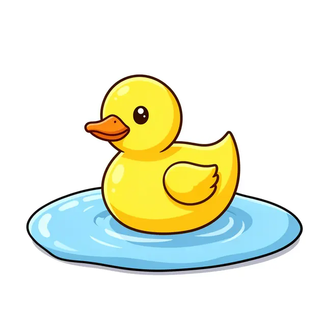 Cartoon yellow duckling floating in a small blue puddle against a plain white background
