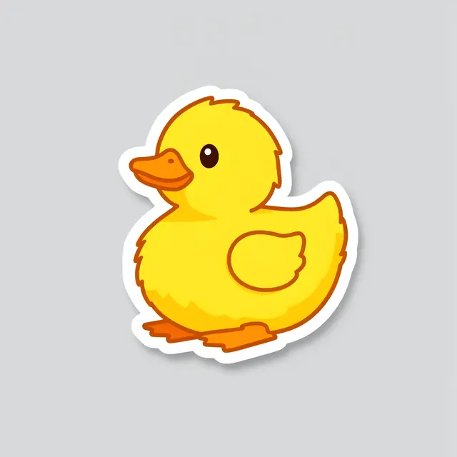 A die-cut sticker of a fluffy yellow cartoon duckling on a plain light gray background